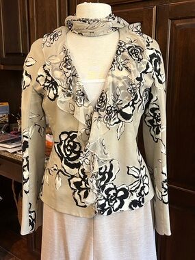 Linda Allard Ellen Tracey Sz 4 Floral Ruffle Front Jacket with Scarf